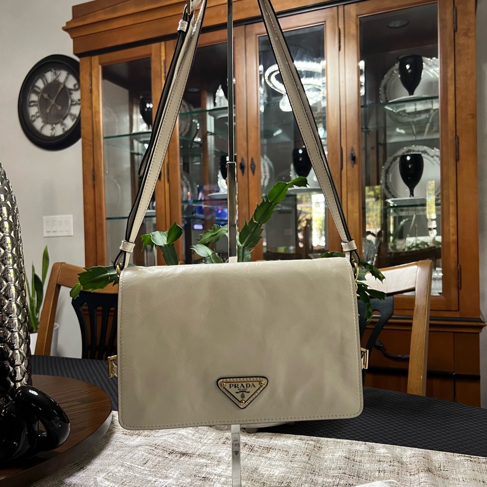 Authentic Prada White Leather Shoulder Bag